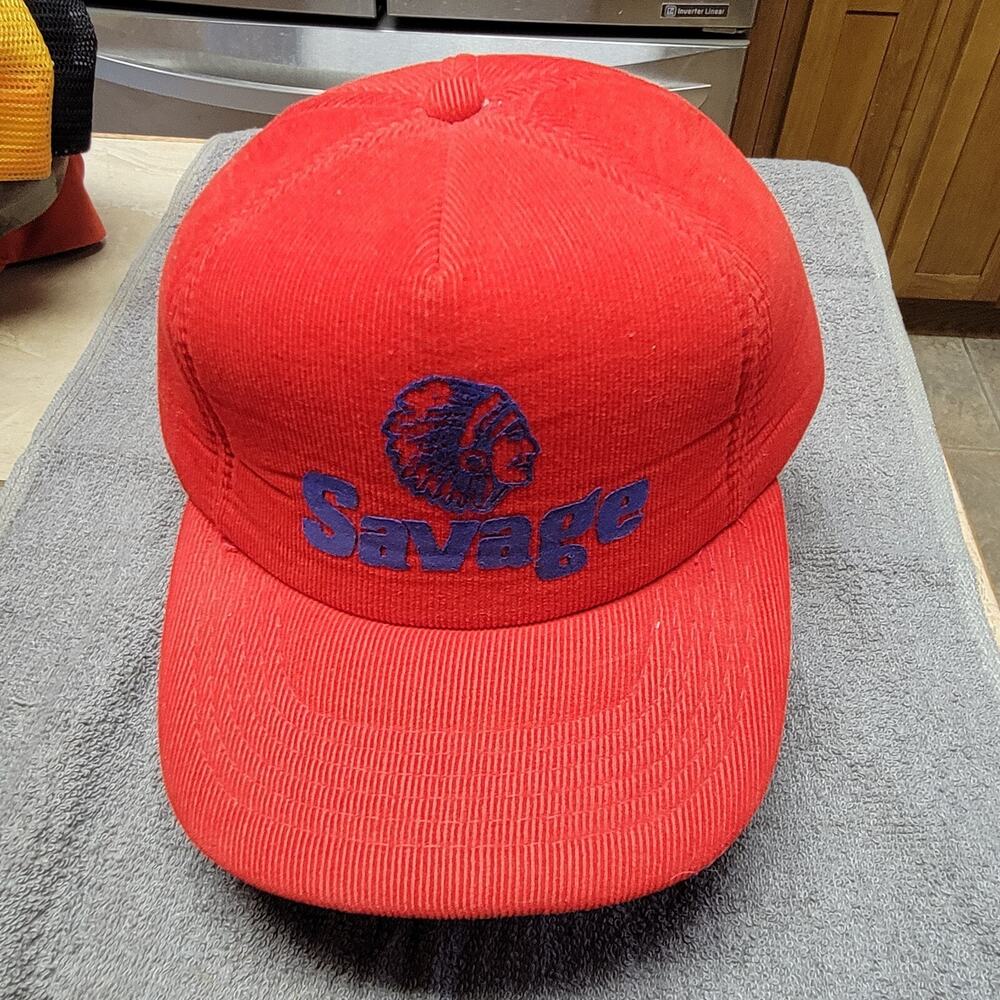 Savage red corduroy Indian Native American trucker hat blue logo Vintage